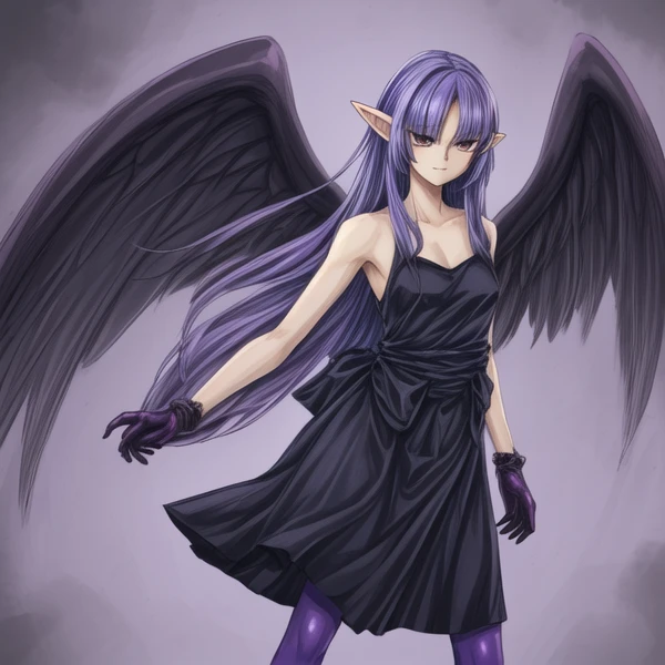 <lora:Night_Wing_Sorceress_v1:1>Night Wing Sorceress,1girl,purple hair,purple eyes, pointy ears, tsurime, black dress,pantyhose, sleeveless, fingerless gloves,waist ribbon,feathered wings, long dress,upper body,, <lora:flat2:-0.5> ,<lora:flatBG:-0.5> ,<lora:hyperdetailer_v095:0.2>,(dark light:1.0),(hyper extreme detailed),(masterpeace:0.5),(hyper extreme),(photorealistic),game cg,llustration,novel illustration,beautiful lighting,light from the front,good_hands,beautiful art ,BREAK