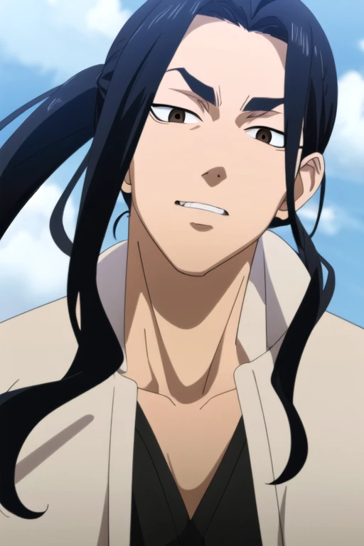 (best quality:1.1), (masterpiece:1.4), photorealistic, , , , anime coloring, , 1boy, solo, male focus, <lora:keisuke_baji:0.94>, keisuke_baji, black hair, brown eyes, long hair, ponytail