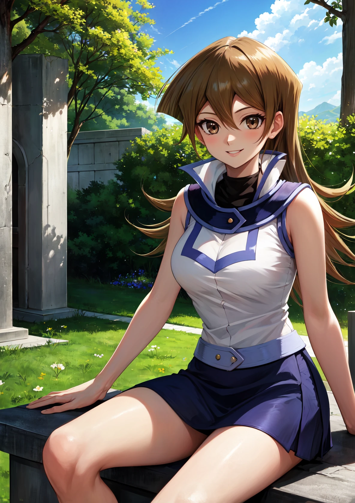 masterpiece, best quality, highres,
TenjouinAsukaDef, 1girl, solo, long hair, smile ,bangs, blonde hair, large breasts, brown hair, hair between eyes, brown eyes, very long hair, straight hair,
breasts, skirt, shirt, bare shoulders, school uniform, white shirt, sleeveless, shiny, belt, miniskirt, shiny hair, blue skirt, sleeveless shirt, turtleneck, bare arms, duel academy uniform (yu-gi-oh! gx), tenjouin asuka,
<lora:LoRA_Tenjouin:1>, sitting, looking at viewer, leaning back, waving, forest, sunlight, cloudy, laughing,