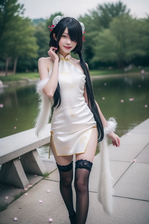 ltra-detailed,highly detailed,best quality,masterpiece,illustration,realistic,photorealistic,
tokisaki kurumi, 1girl, solo,smile,
chinese clothes, china dress, bare shoulders, thighhighs, feather shawl, side slit,
twintails, long hair, hair over one eye, hair bun, double bun, bun cover,
looking at viewer,walking,
branch, outdoors, flower, river, bench, wind,floating hair, falling petals,
<lora:tokisaki kurumi_v5_04:0.7>