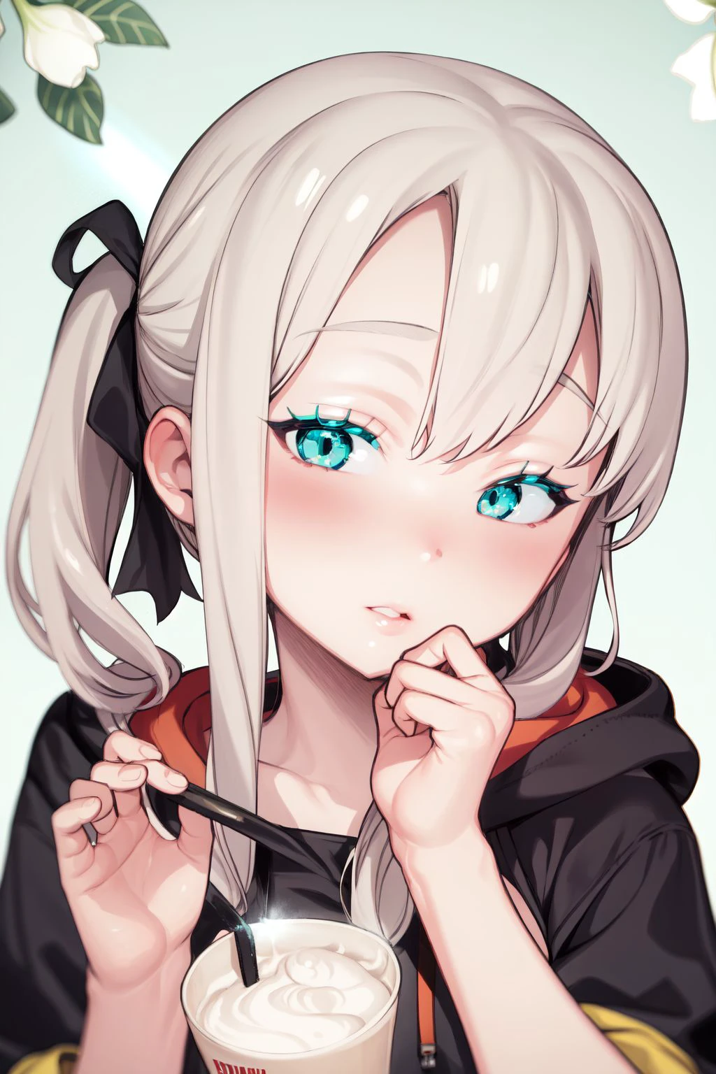 portrait, solo, 1girl, looking to the side, disgust, beige hair, front ponytail, aqua eyes, beautiful detailed face, cream hoodie, glittering light, Convallaria \(flower\), floral background <lora:Mameojitan_style_v02.10.01.04:1>