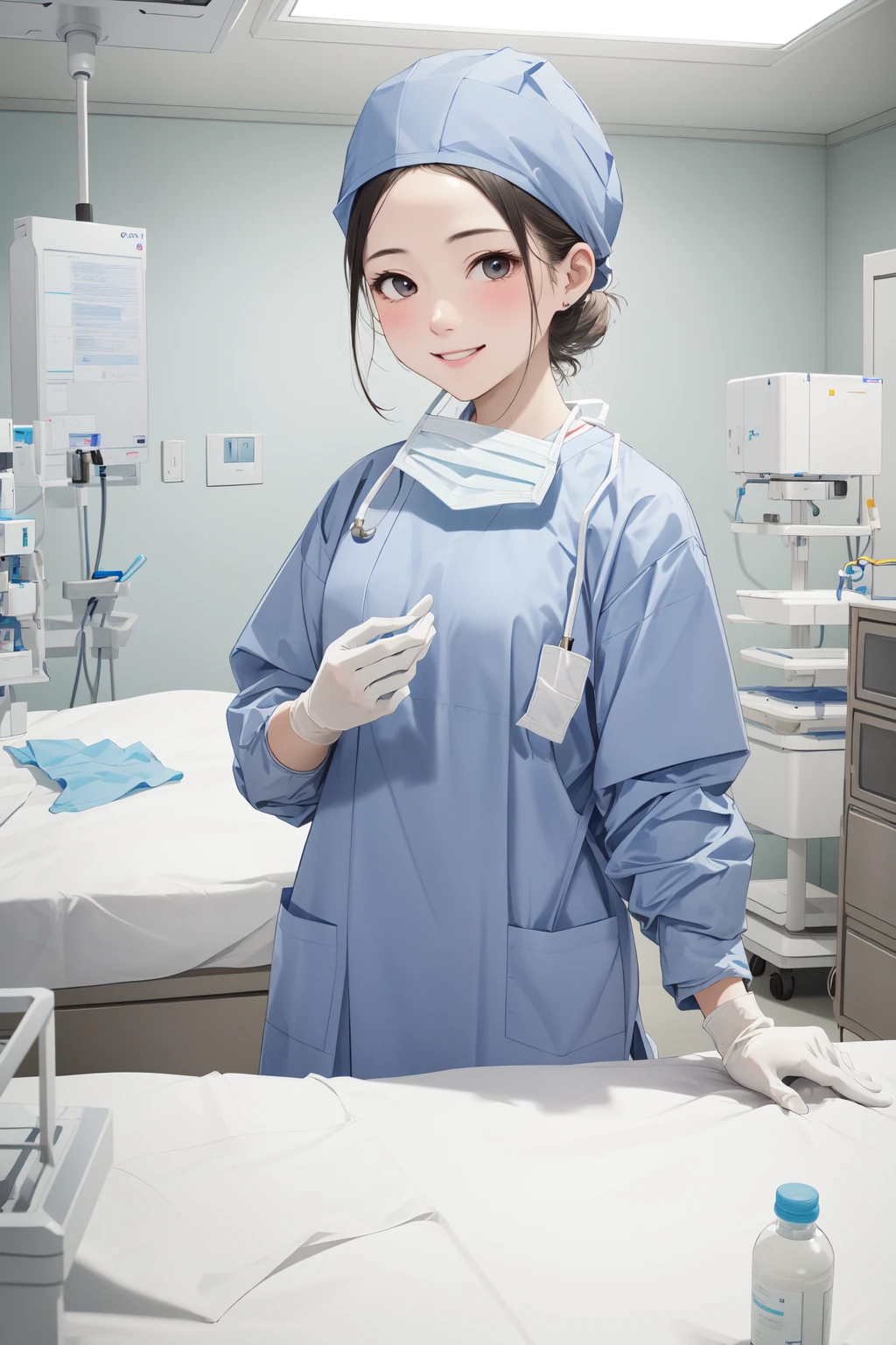 (RAW photo, best quality), 1girl, long sleeve surgical outfit, surgical mask, surgical gloves, surgical cap, operating room, overhead surgical light, light smile,
<lora:concept_surgical_mask_open_v2_1:1> surgical_mask_open, completely_undone