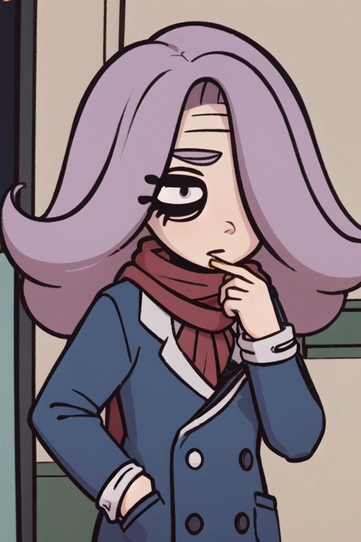 <lora:Vera_beta:0.7> vera_ongezellig, middle length hair, hair over one eye, red scarf, coat, purple hair, standing, nime style