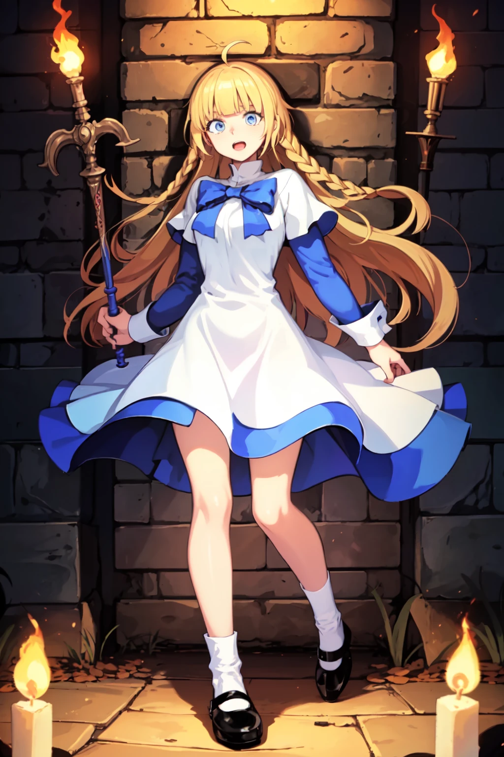masterpiece, best quality,1girl, multiple monsters, full body, battle stance, (holding magic staff, casting magic:1.5), (fantasy setting, medieval times:1.5), (underground dungeon, stone walls, torches, magic runes, eery lighting, surrounded by monsters:1.2),<lora:TalesWeaver_TichielJuspian_v1-000168:0.9>, serious, open mouth, blonde hair, blunt bangs, ahoge, twin braids, (very long hair:1.5), (white dress over blue dress, blue hem:1.1), white cuffs, long sleeves, short over long sleeves, kneehighs, white socks, (black footwear:1.2), mary janes, blue eyes, blue bow, (legs apart:1.5),