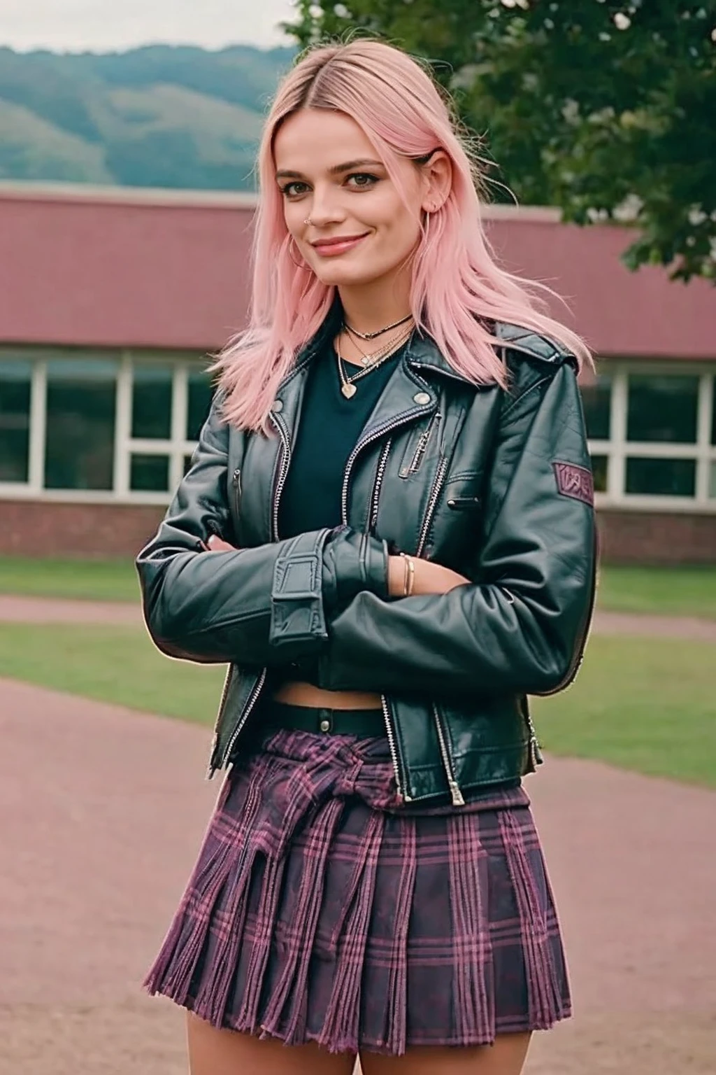 <lora:m43v3_2-step00001600:1> portrait, m43v3, pink hair, standing, school, skirt, crossed legs, smile, leather jacket, half body, makeup, lipstick