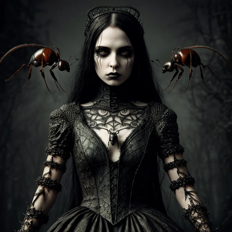 Gothic style  a cute female covered with (ants:1.2),realistic detail . Eerie, unsettling, dark, spooky, suspenseful, grim, highly detailed . Dark, mysterious, haunting, dramatic, ornate, detailed