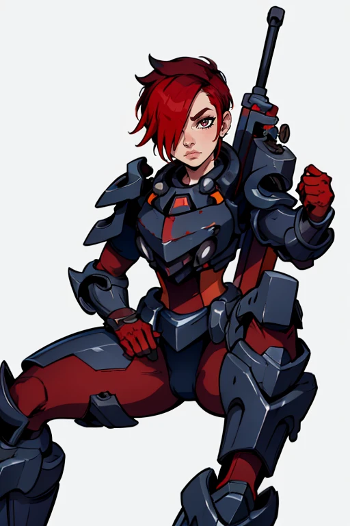 masterpiece,best quality,extreme detail,8k,image sharpness,<lora:ash:0.8>, ash2,1girl,solo,looking at viewer,short hair,simple background,sitting,weapon,red hair,multicolored hair,armor,hair over one eye,gun,over shoulder,weapon over shoulder,power armor,
