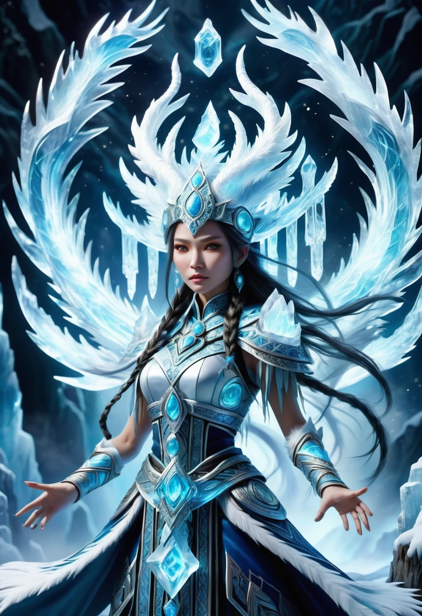 hyper detailed masterpiece, dynamic, awesome quality, a female shaman summoning ethereal ice DonMM4g1cXL magic, <lora:DonMM4g1cXL-000008:0.8>