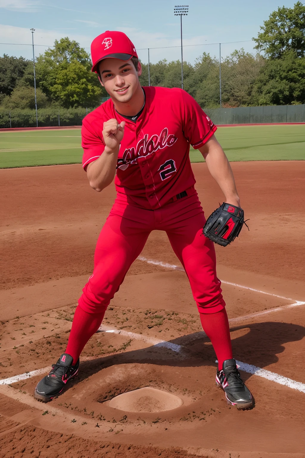 outdoors, ((baseball field)), standing at 2nd base, JohnnyRapid, baseballplayer, baseball uniform, red jersey, jersey number 2, (red pants), black socks, black sneakers, red baseball cap, glove, fielding position, smiling, (((full body portrait))), wide angle <lora:Clothing - Sexy Baseball Player:0.6> <lora:JohnnyRapid:0.8>
