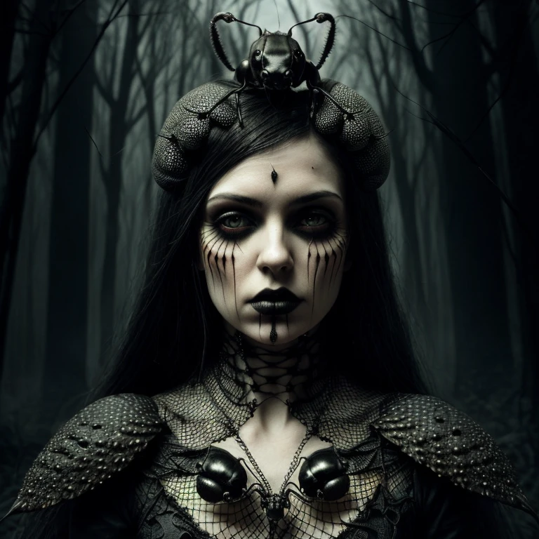 Gothic style  a cute female covered with (ants:1.2),realistic detail . Eerie, unsettling, dark, spooky, suspenseful, grim, highly detailed . Dark, mysterious, haunting, dramatic, ornate, detailed