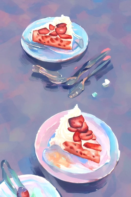 crl_fd6 style, masterpiece, best quality, extremely detailed, detailed background, detailed pastel colors, illustration, watercolor, paint splatter, cake, dessert, red fruits, white plate on table, dripping paint