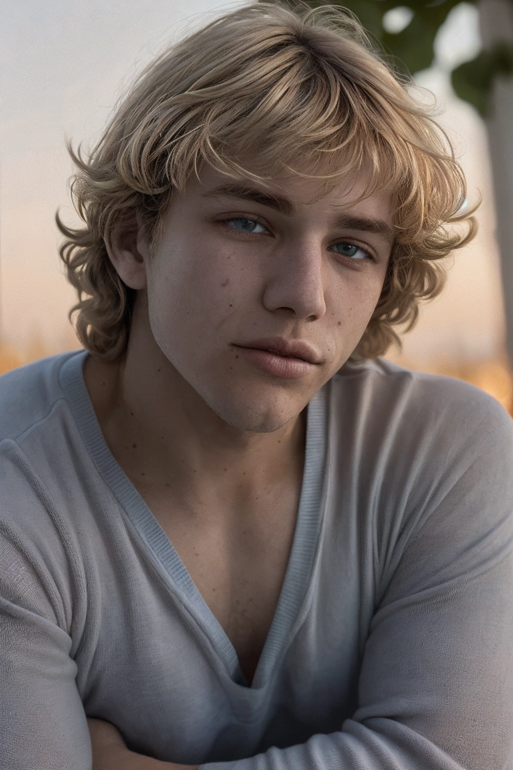 male focus, close-up, headshot, photo of wn_lndbrg <lora:owen_lindberg-07:0.85>, wearing a navy blue henley shirt, blurred background, blurred greenery, golden hour, relaxed natural expression, soft diffused lighting, key light, rim light, relaxed and natural mood