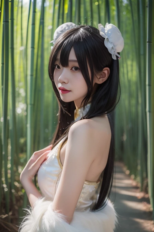ltra-detailed,highly detailed,best quality,masterpiece,illustration,realistic,photorealistic,
tokisaki kurumi, 1girl, solo,
bare shoulders, chinese clothes, china dress, fur trim shawl,
hair over one eye, long hair, double bun, hair bun, bun cover,
looking at viewer, upper body,
outdoors,photo background,flower, bamboo forest, river,grass,path,
<lora:tokisaki kurumi_v5_04:0.7>