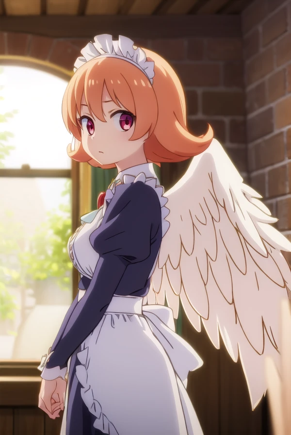 meidri, <lora:meidri s1-lora-nochekaiser:1>,
meidri, short hair, bangs, (red eyes:1.3), orange hair, flipped hair,
BREAK long sleeves, dress, jewelry, frills, wings, puffy sleeves, apron, maid, maid headdress, thigh strap, juliet sleeves, brooch, white apron, feathered wings, maid apron, puffy long sleeves, white wings,
BREAK indoors,
BREAK looking at viewer, (cowboy shot:1.5),
BREAK <lyco:GoodHands-beta2:1>, (masterpiece:1.2), best quality, high resolution, unity 8k wallpaper, (illustration:0.8), (beautiful detailed eyes:1.6), extremely detailed face, perfect lighting, extremely detailed CG, (perfect hands, perfect anatomy),