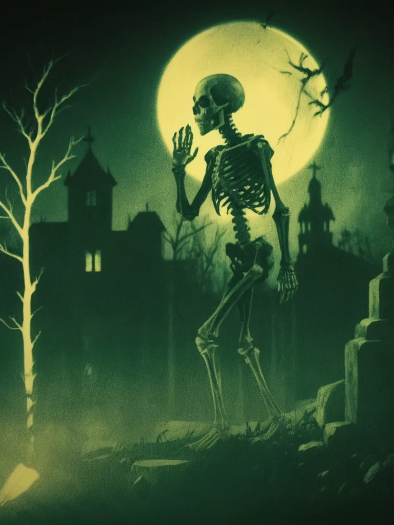 an eerie side view profile shot in the style of sqrhmmr of a skeleton wandering on a graveyard in green tint with glowing yellow, silhouette, clean edges,  <lora:- SDXL - sqrhmmr _Square-Hammer_Style_V1.0:1>