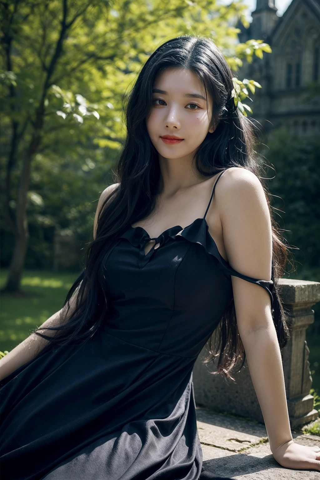 kwoneunbi,1girl,((realistic)), ((hyperrealism)),((best quality)), (((masterpiece))),((ultra high res)),((ultradetailed)), (photorealistic:1.4), idol, (looking at viewer:2), <lora:add_detail:0.6>,detailed face,detailed eyes,
<lora:Eunbi_v1:1> ,
wide shot, panorama, from front,
outdoors, smile, black hair, light, bright, grassland, sunshine, bare_shoulder,gothic chiffon dress, backlighting, (gothic architecture:1.1), forest, lens flare,chromatic aberration, long hair, relaxing pose, cowboy shot,