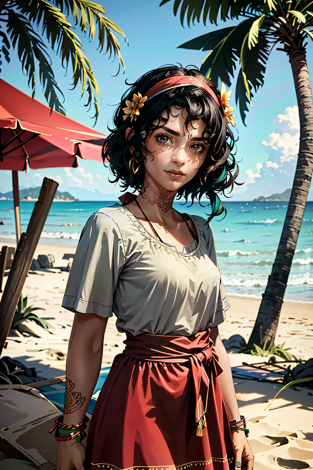 ((ultra detailed, masterpiece, absurdres))
<lora:PSophia:0.9>
PSophia, 1girl, solo, black hair, brown eyes, tattoo, dark skin, at the beach, minidress, palm trees, sundown