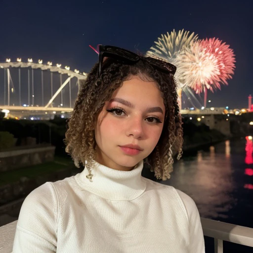 <lora:larissaK_sd15_512_128_64_v1:1>larissaK,1girl,looking at viewer, new years eve party fireworks in background, wearing a turtleneck sweater