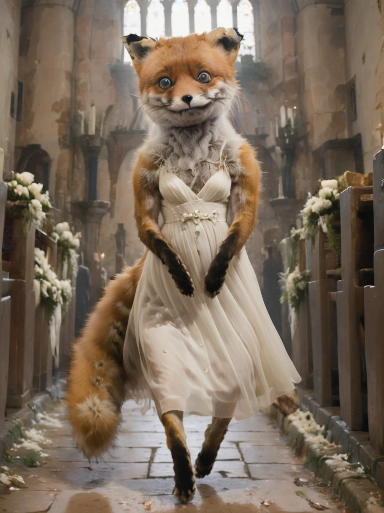 silhouette, desperate depiction of a veiled and white wedding dress wearing stnerfx sad fox that is stumbling down the isle , <lora:- SDXL - stnerfx _Stoner_Fox_V3.0:1>
