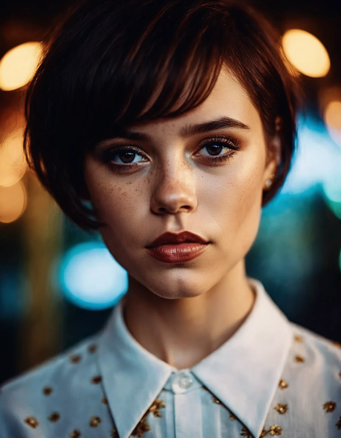 cinematic photo an exquisite portrait photograph, 85mm medium format photo of ((ohwx woman)) with a classic haircut <lora:ortega_dh128_v1-step00009000:1> . 35mm photograph, film, bokeh, professional, 4k, highly detailed