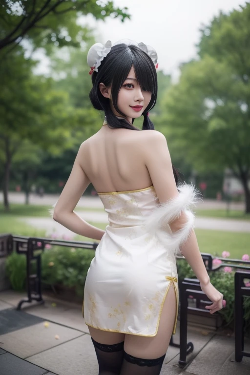 ltra-detailed,highly detailed,best quality,masterpiece,illustration,realistic,photorealistic,
tokisaki kurumi, 1girl, solo,smile,
chinese clothes, china dress, bare shoulders, thighhighs, feather shawl, side slit,
twintails, long hair, hair over one eye, hair bun, double bun, bun cover,
looking at viewer,walking, from behind,
branch, outdoors, flower, river, bench, wind,floating hair, falling petals,
<lora:tokisaki kurumi_v5_04:0.7>