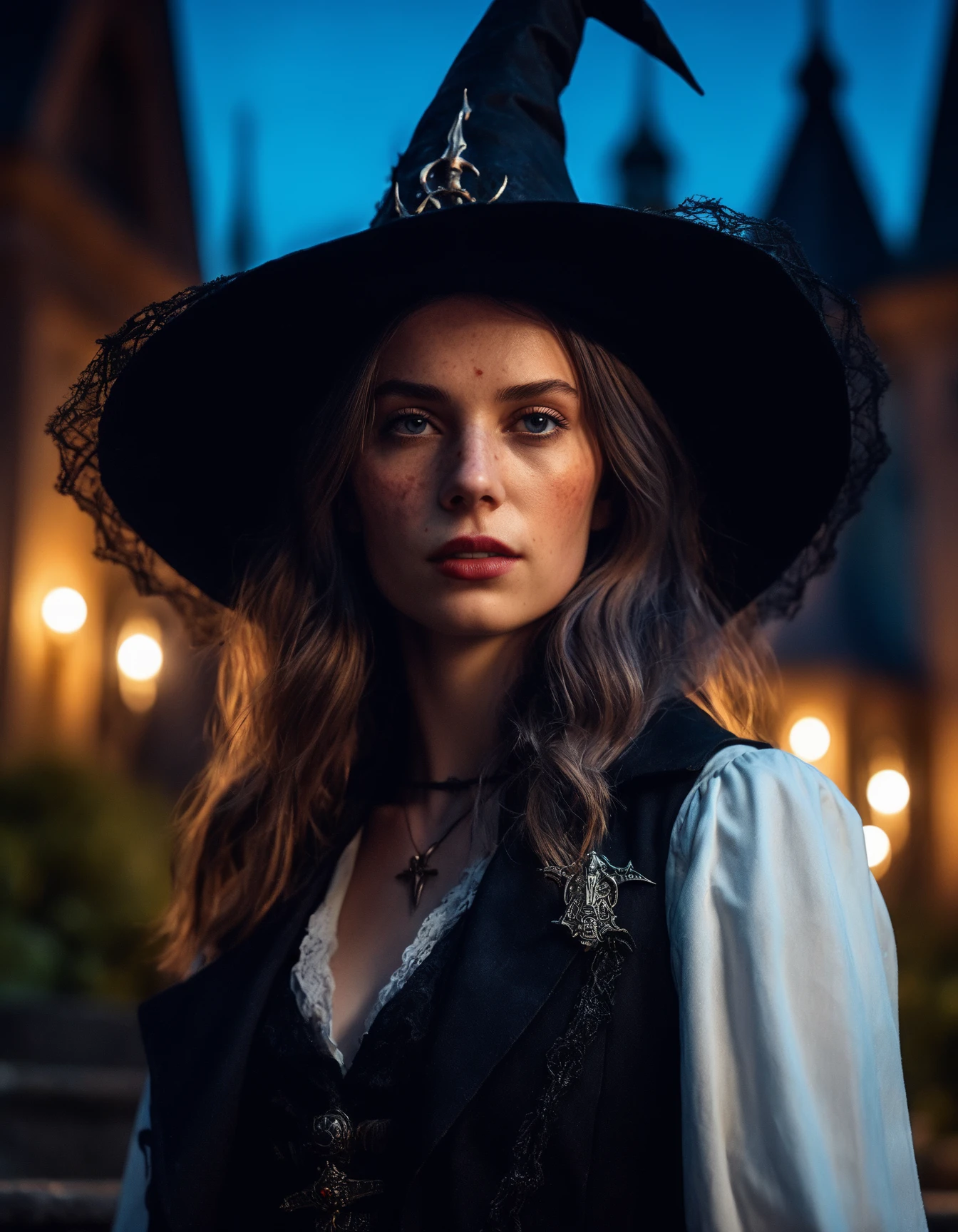 cinematic photo spooky gothic hyper realistic closeup portrait painting, beautifully rendered, gorgeous ((ohwx woman)) witch with a pointy witch hat, (smooth skin:1.2) at night, moonlight castle in the background, painted by greg rutkowski, wlop, artgerm, bloodborne, dishonored 2, atmospheric lighting <lora:maya_dh128_v1-step00015000:1> . 35mm photograph, film, bokeh, professional, 4k, highly detailed