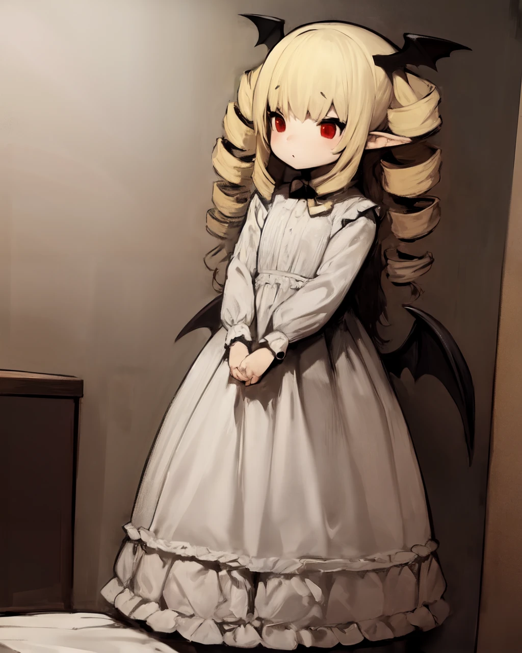 <lyco:Shirokujira-NAI-LyCORIS-v1.1:1>
1girl, solo, standing, long blonde hair, drill_hair, red_eyes, pointy_ears, frilly dress, bat_wings