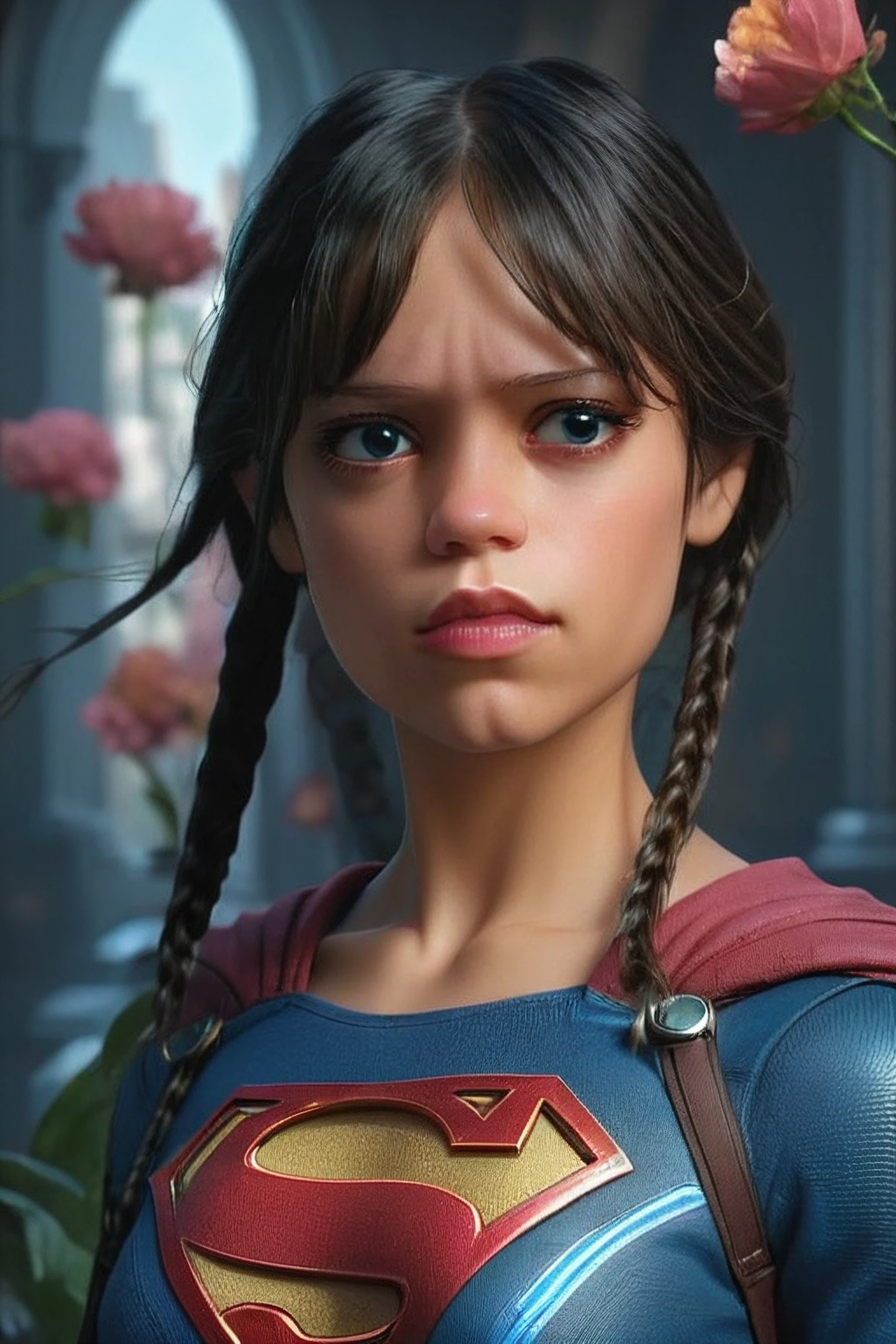 Jenna_Ortega, <lora:Jenna_Ortega:1>, full body Epic Fantasy Painting of supergirl, face with bloom by Sandro Botiicelli, Renaud Matgen, head and shoulders portrait, 8k resolution concept art portrait by Greg Rutkowski, Artgerm, WLOP, Alphonse Mucha dynamic lighting hyperdetailed intricately detailed Splash art trending on Artstation triadic colors Unreal Engine 5 volumetric lighting