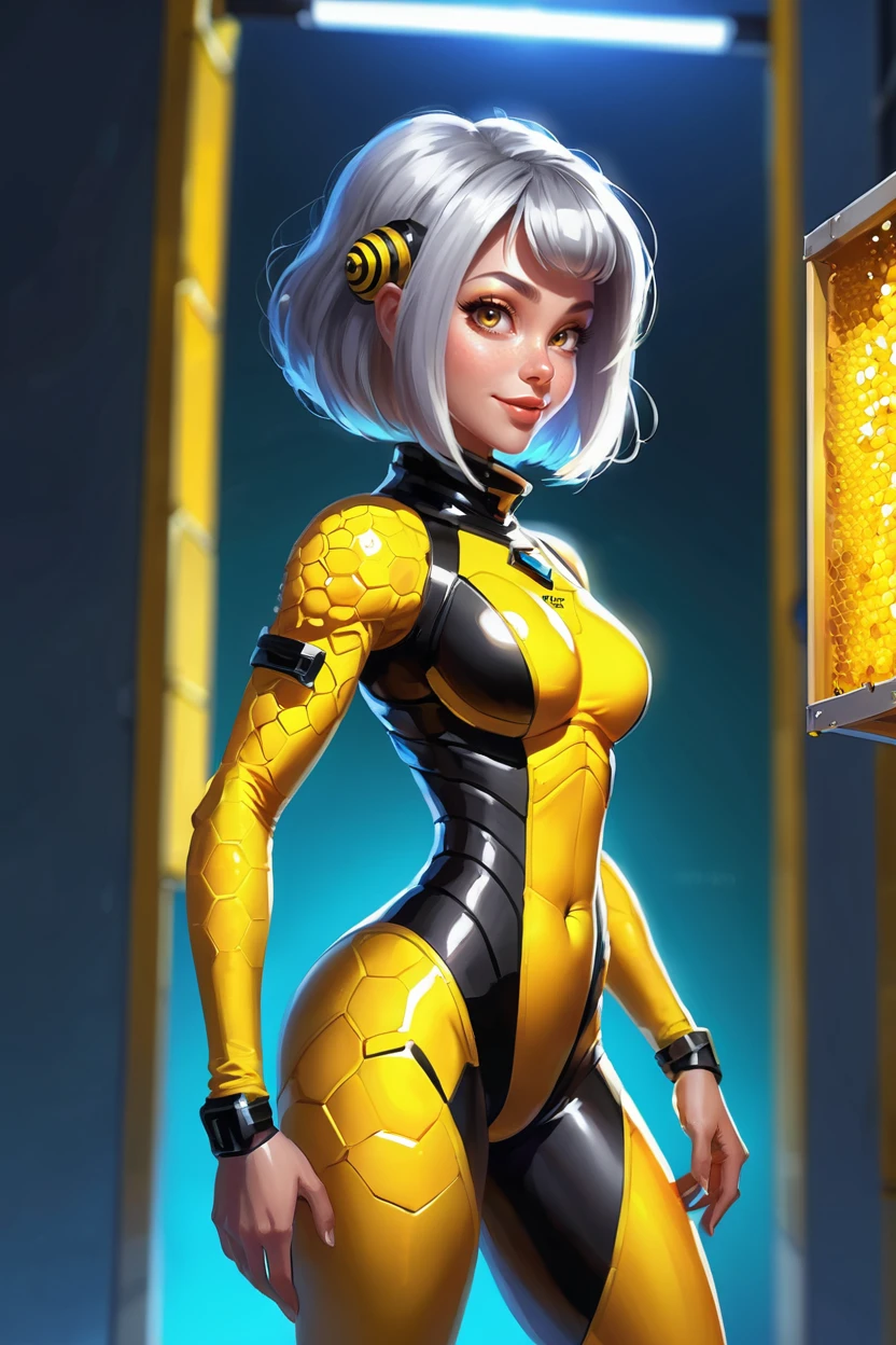 <lora:EnvySendNoodzXL01:-0.5>1girl, woman, scifi, neon nomad, chemist, full body, wearing skin-tight plugsuit, bombshell hair, gray hair, bombshell bob cut, slim, atheletic figure, narrow waist, small breasts, caucasian, (well-lit interior, in a nanotech Apiary (Beekeeping):1)<lora:EnvyBetterHiresFixXL01:0:hr=1><lora:EnvyDigitalIllustrationXL01:1>