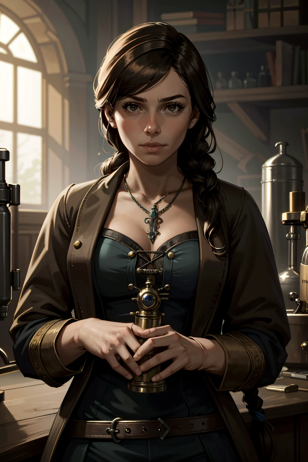 ((ultra detailed, masterpiece, absurdres))
<lora:PBeatrice:0.9>
PBeatrice, 1girl, solo, brown hair, brown eyes, one single braid, long hair, in a steampunk laboratory, surrounded by intricate contraptions and brass gadgets