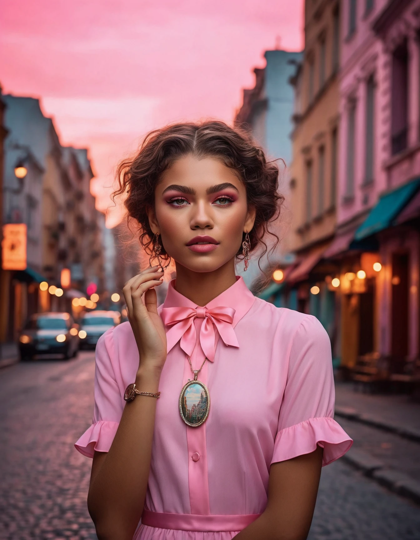 cinematic photo Architecture Photography, ((ohwx woman)) ,As Helga Pataki from Hey Arn!, wearing her pink dress, white shirt, and pink bow, secretly watching Arn from afar with her locket, capturing her unrequited love, city street background, vibrant colors, detailed environment, true to the distinct art style of the show, high-resolution, nostalgic scene.,  <lora:zendaya_dh128_v1-step00009000:1> . 35mm photograph, film, bokeh, professional, 4k, highly detailed
