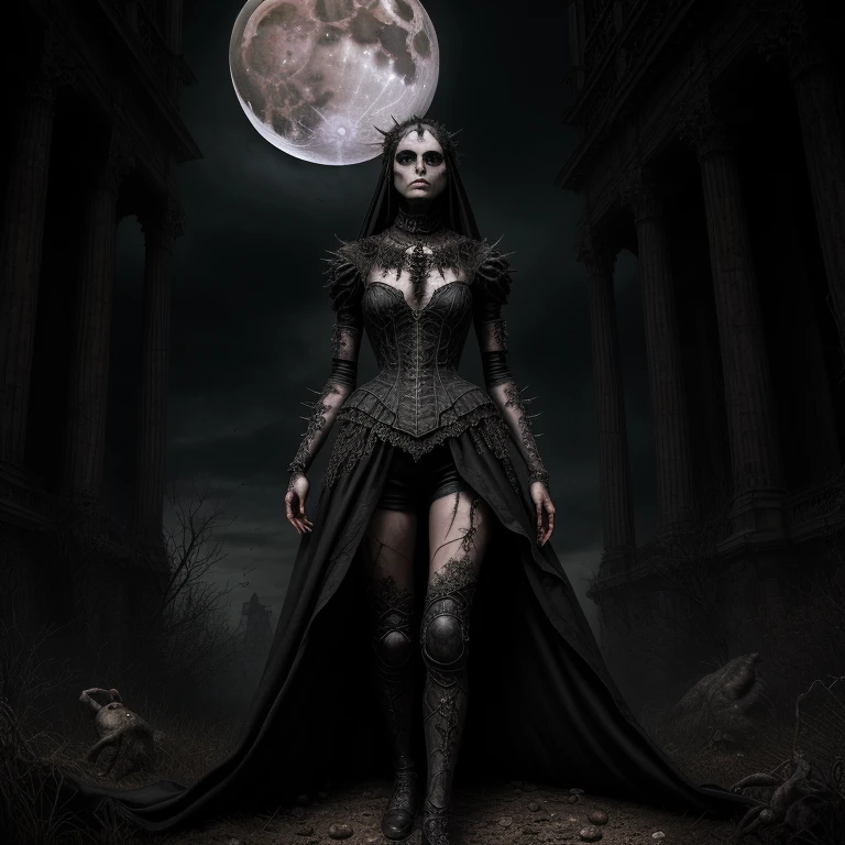 Hyperrealistic art Gothic style  with the a female full body covered with ants,realistic detail . Dark, mysterious, haunting, dramatic, ornate, detailed,moon light . Extremely high-resolution details, photographic, realism pushed to extreme, fine texture, incredibly lifelike