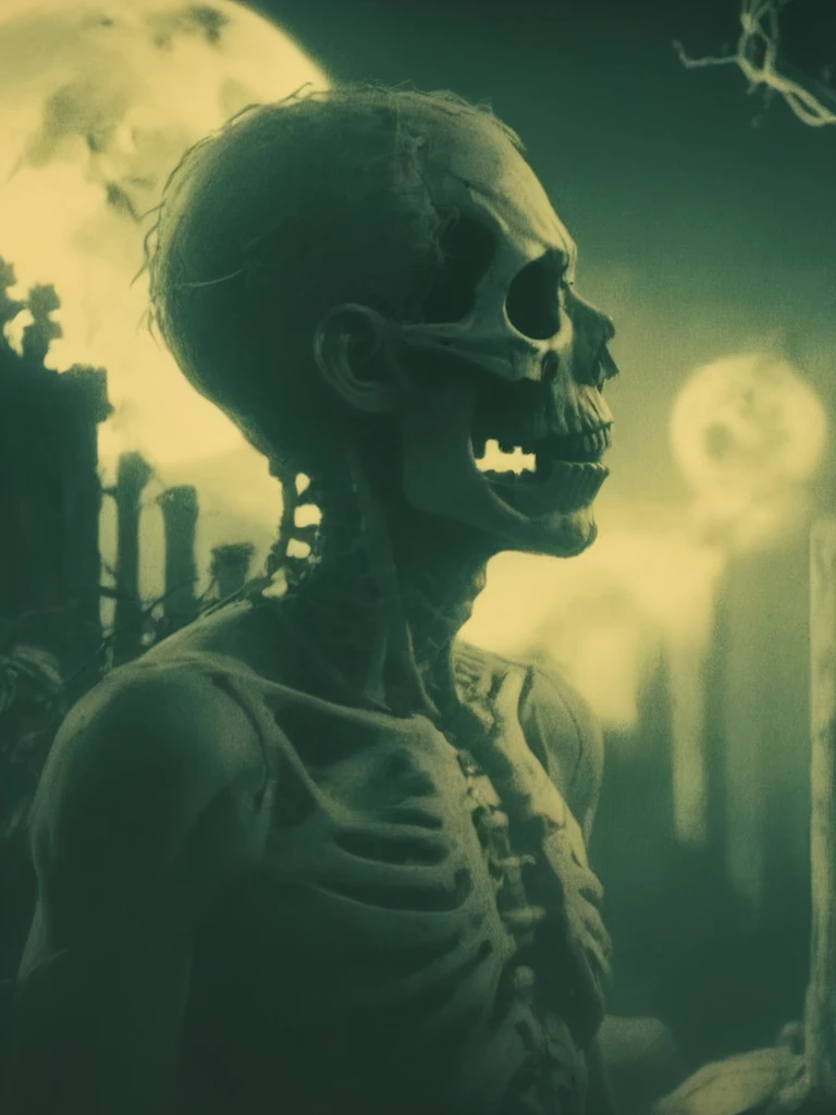 an eerie side view profile shot in the style of sqrhmmr of a fleshy bio-mechanical broken human anatomy on a graveyard in green tint with glowing yellow, silhouette, clean edges, bright moonlight, outlines, metropolis 1927 style, <lora:- SDXL - sqrhmmr _Square-Hammer_Style_V1.0:1>
