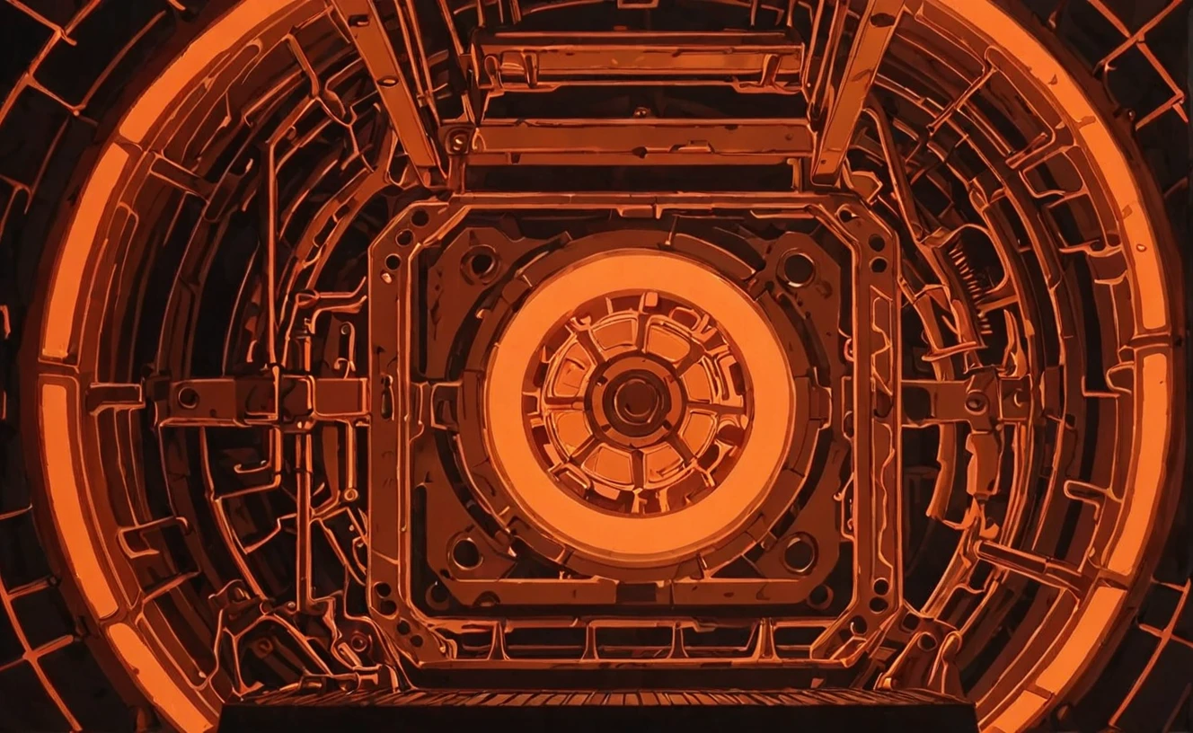 a frame of a animated film of inside a mechanical machine, base Medium Brown and glowing Construction Orange, displays,, style akirafilm <lora:Akira_Film_Style_XL:1>