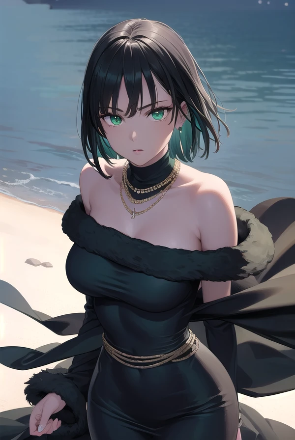 fubuki, <lora:opm fubuki manga-lora-nochekaiser:1>,
fubuki, black hair, (green eyes:1.5), short hair,
BREAK black dress, dress, fur coat, high collar, jewelry, necklace, off shoulder, taut clothes, taut dress,
BREAK outdoors,
BREAK looking at viewer, (cowboy shot:1.5),
BREAK <lyco:GoodHands-beta2:1>, (masterpiece:1.2), best quality, high resolution, unity 8k wallpaper, (illustration:0.8), (beautiful detailed eyes:1.6), extremely detailed face, perfect lighting, extremely detailed CG, (perfect hands, perfect anatomy),