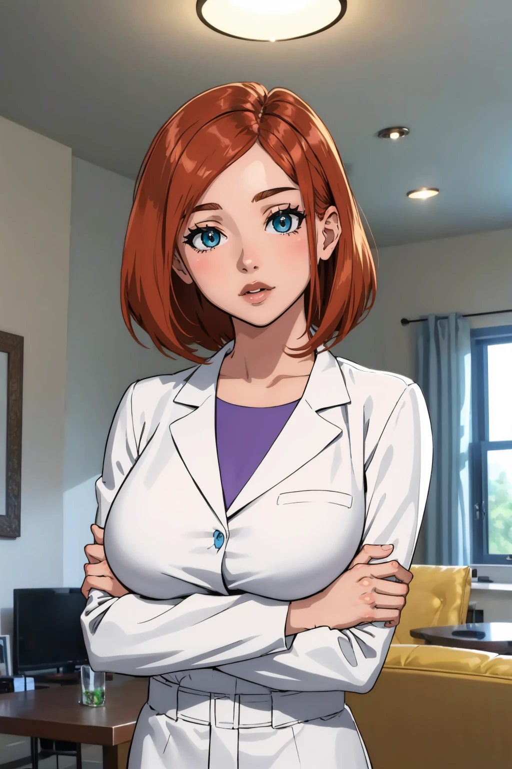 (masterpiece, best quality:1.2), <lora:annpossible:1>, annpossible, 1girl, solo, looking at viewer, labcoat, large breasts, shirt, crossed arms, indoors, living room,