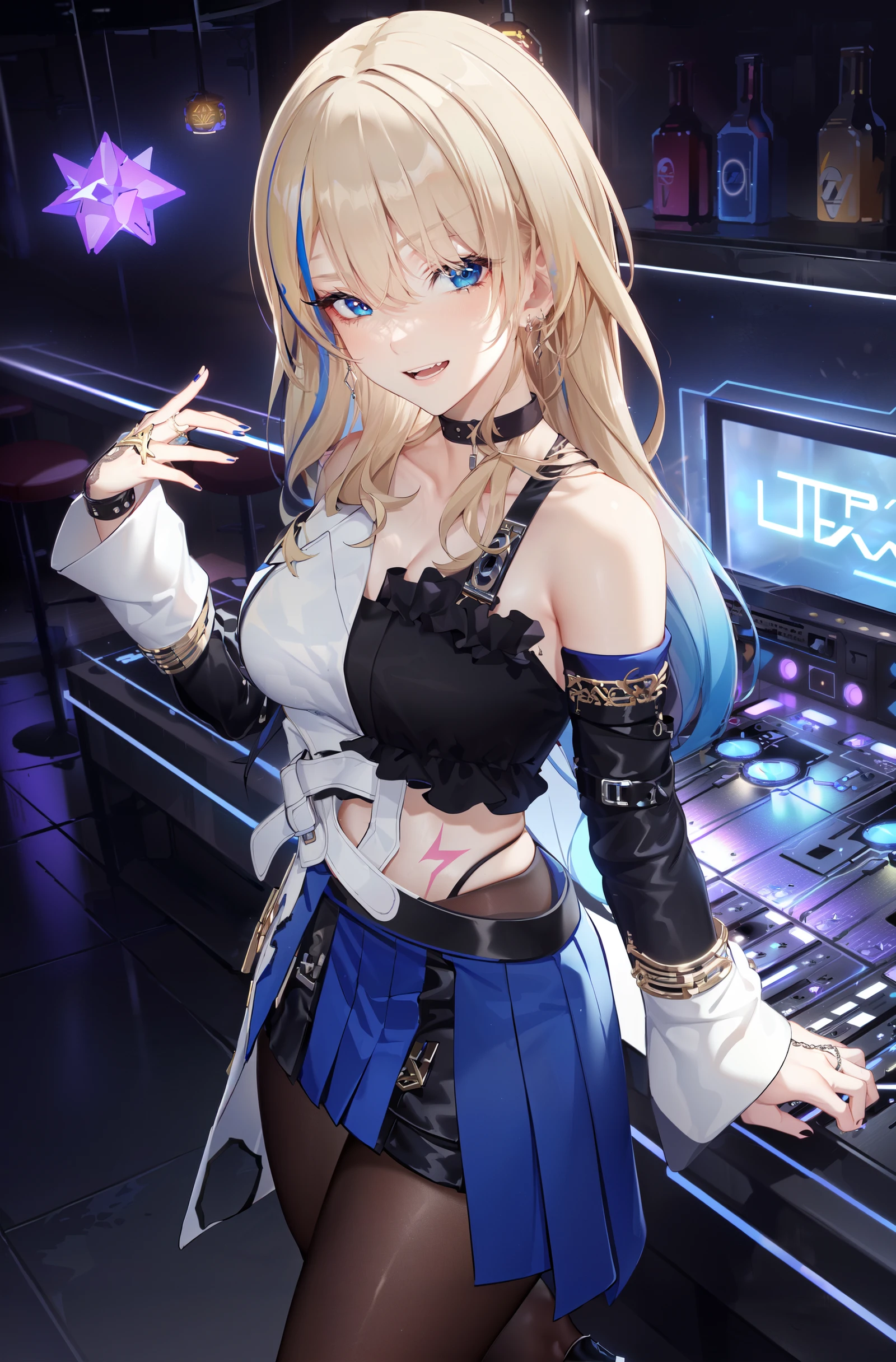 8k, best quality, masterpiece, (ultra-detailed:1.1), (high detailed skin), 
A girl is playing Djing in a bar, It's dj time, night, colorful neon lights, cyberpunk style, naughty face, The carnival scene, the intoxicating atmosphere, the lost self, the dancing crowd, the bar lady, DJing, from above, 
<lora:xiluwa-v100:0.8:lbw=OUTALL>, xiluwa, 1girl, blonde hair, blue hair, black footwear, multicolored hair, long hair, skirt, earrings, pantyhose, blue eyes, jewelry, asymmetrical sleeves, bare shoulders, black choker, bangs, Lightning tattoo, thigh_strap, laughing, 
(beautiful_face), ((intricate_detail)), clear face, 
((finely_detailed)), fine_fabric_emphasis, 
((glossy)), full_shot