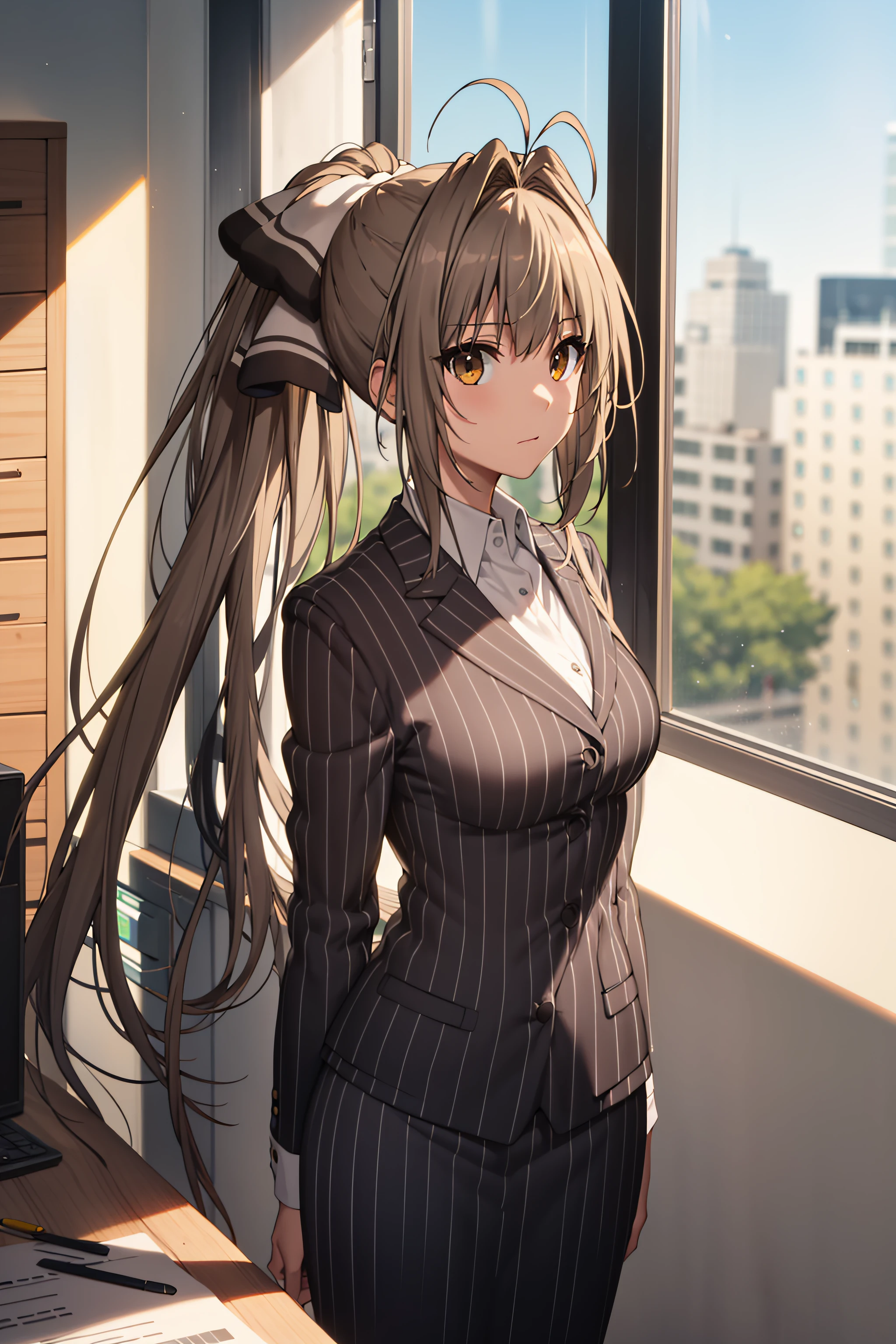 best quality, masterpiece, detailed,
<lora:AmagiBrilliantPark_SentoIsuzu:0.9>, SentoIsuzu,
solo, closed mouth,
brown hair, brown eyes, long hair, antenna hair, ponytail, hair bow,
SentoSuit, business suit, pinstripe pattern, collared shirt, pencil skirt,
standing, looking at the viewer,
indoors, office, window