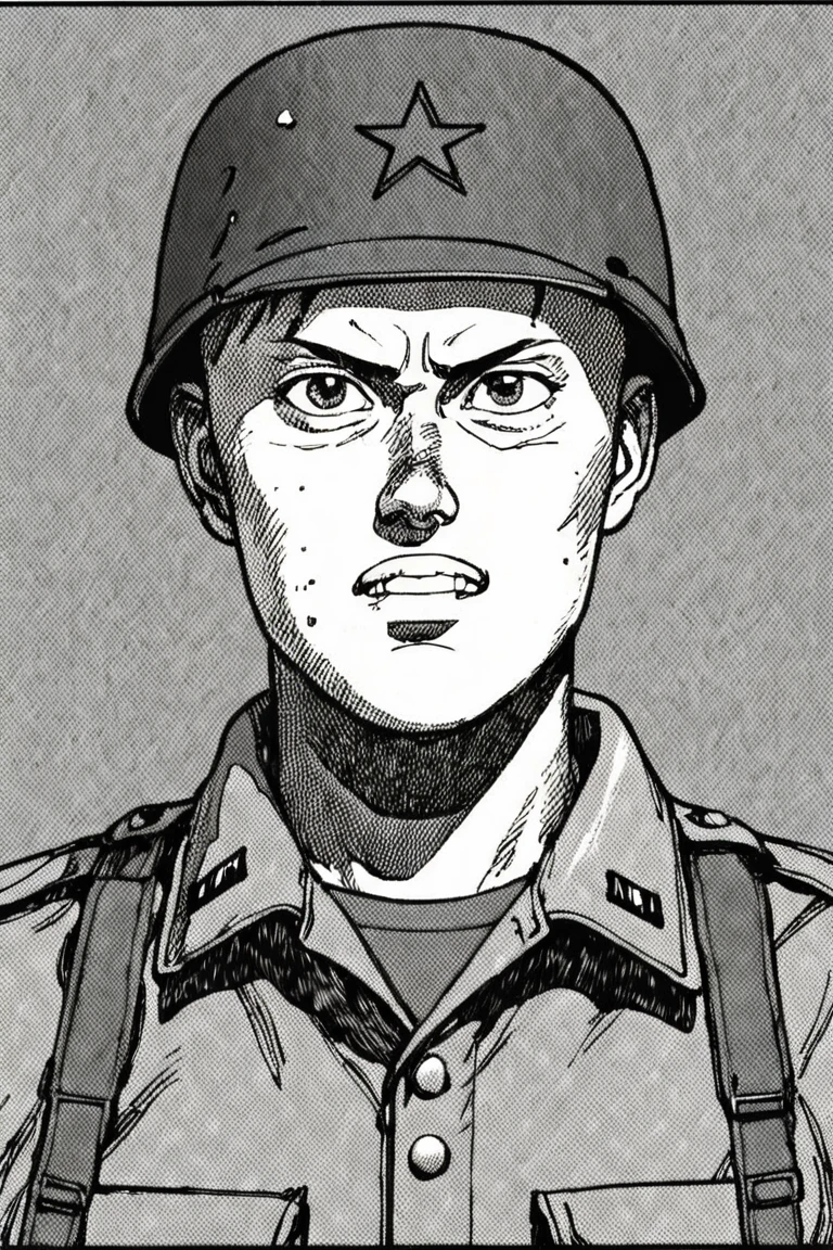 a black and white comic book illustration of a soldier, style akirabw <lora:Akira_BW_Comic_Style_XL:1>
