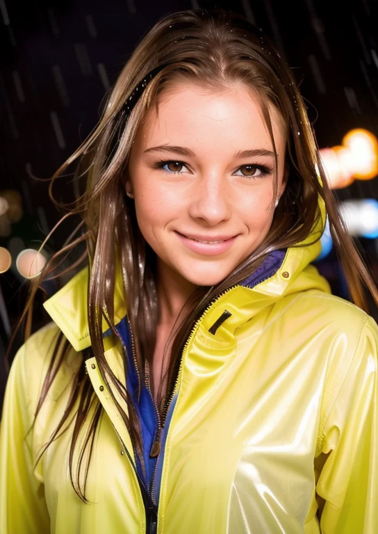 a portrait of a woman outside in a neon city during a rain storm wearing a rain coat, aurorasnow, 1girl,looking at viewer,long hair,brown hair,brown eyes,lips,smile,closed mouth,wet,wet hair,water <lora:aurorasnow:0.4>, realistic, BREAK, [highly detailed], [ultra detailed], [hyperdetailed], BREAK, (ultra realistic) (photo realistic) BREAK