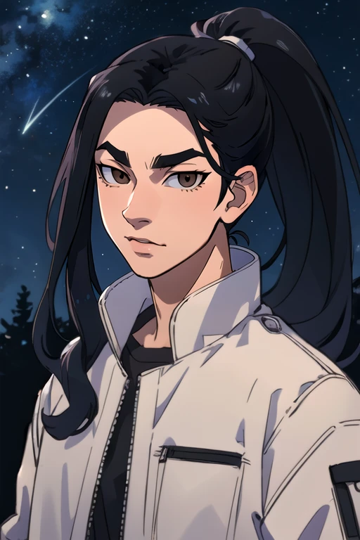 (best quality:1.1), (masterpiece:1.4), , looking at viewer, upper body, , , realistic, 1boy, solo, male focus, <lora:keisuke_baji:0.8>, keisuke_baji, black hair, brown eyes, long hair, ponytail, , night sky,