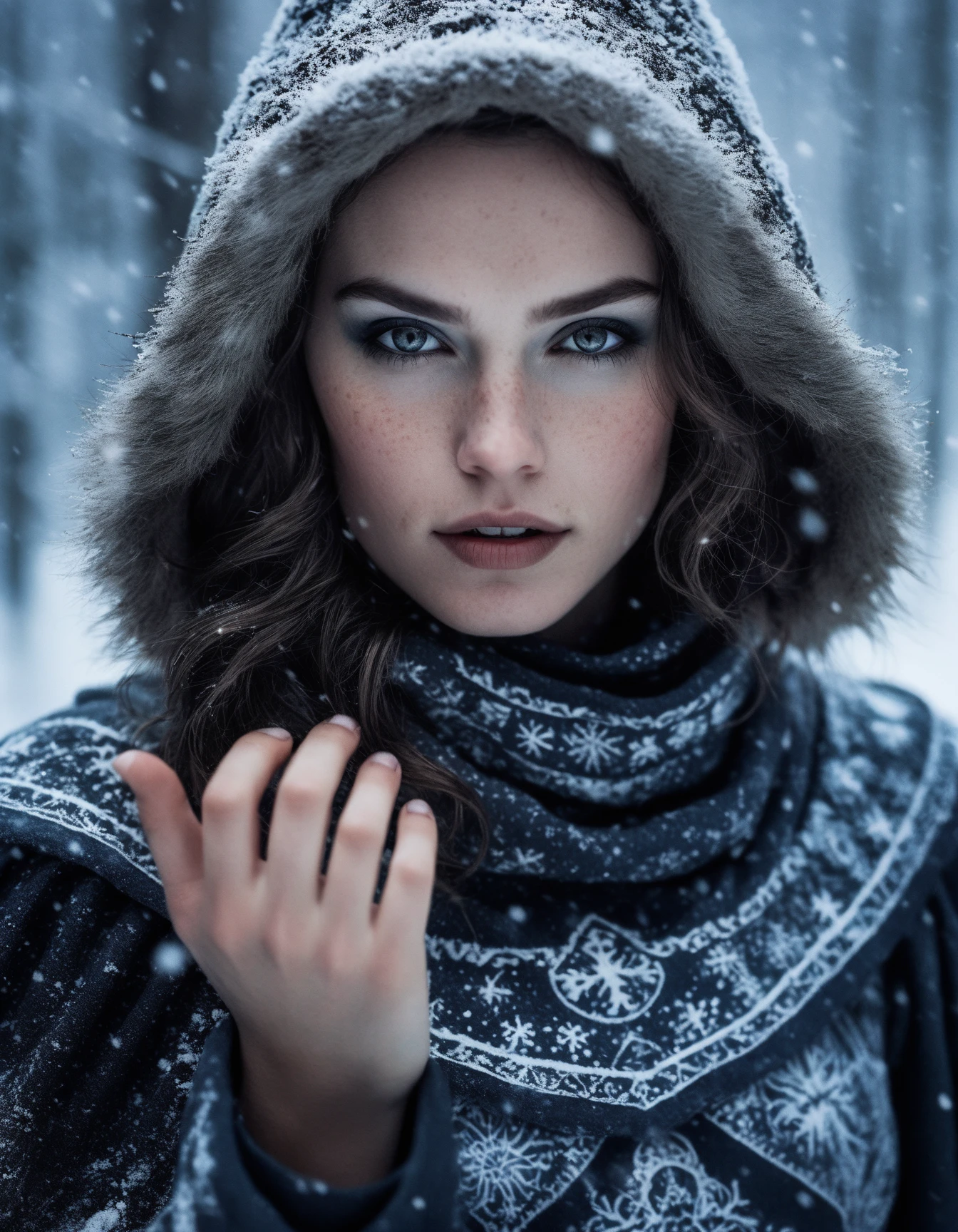 cinematic photo Collage Photography, (((ohwx woman))) In the heart of a swirling snowstorm, a female human Winter Witch (photorealistic:1.35) commands the chilling elements. Her face, aglow with (frosty, icy makeup:1.2), embodies her frigid power. Her fingers trace a shimmering, ice-rune in the freezing air, her icy gaze as c as the winter winds. The howling snowstorm, the frozen surroundings, and the Winter Witch's ice magic express the frosty nature of her class, <lora:daisy_dh128_lora_v2b:1> . 35mm photograph, film, bokeh, professional, 4k, highly detailed