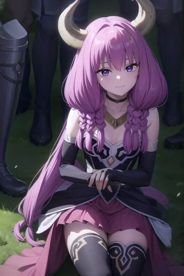 aura the guillotine, <lora:aura the guillotine v2-lora-nochekaiser:1>,
aura the guillotine, long hair, (purple eyes:1.1), purple hair, braid, horns, twin braids, smile,
BREAK skirt, thighhighs, gloves, choker, black gloves, elbow gloves, magical girl,
BREAK outdoors,
BREAK looking at viewer,
BREAK <lyco:GoodHands-beta2:1>, (masterpiece:1.2), best quality, high resolution, unity 8k wallpaper, (illustration:0.8), (beautiful detailed eyes:1.6), extremely detailed face, perfect lighting, extremely detailed CG, (perfect hands, perfect anatomy),