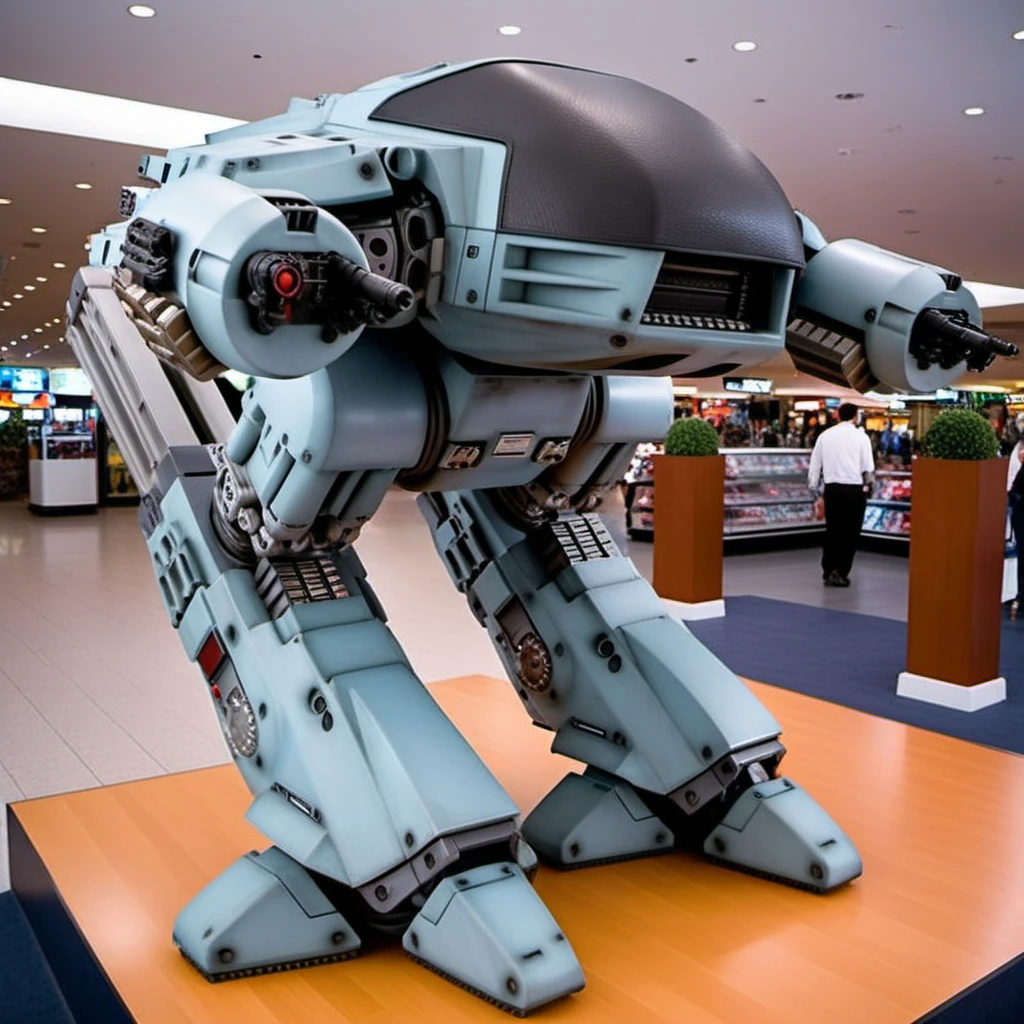 ED209-1024, a big robot inforcing the law in a mall, highly detailed, photography, ultra sharp, film, professional, 64k <lora:add-detail-xl:1.5> <lora:ED209-1024:0.8>