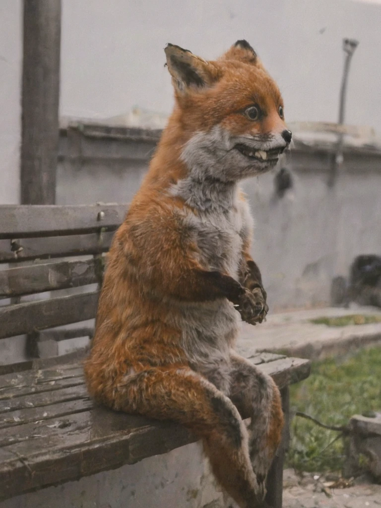 side view, stnerfx, silhouette, a staring fox sitting head down on a bench feeding pigeons, <lora:- SDXL - stnerfx _Stoner_Fox_V3.0:.9>