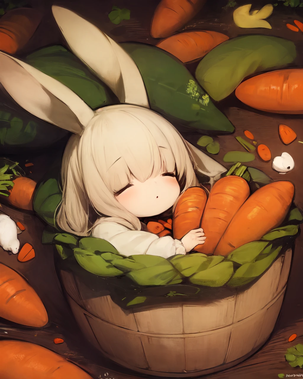 <lyco:Shirokujira-NAI-LyCORIS-v1.1:1>
a rabbit_girl sleeping in a basket of carrots