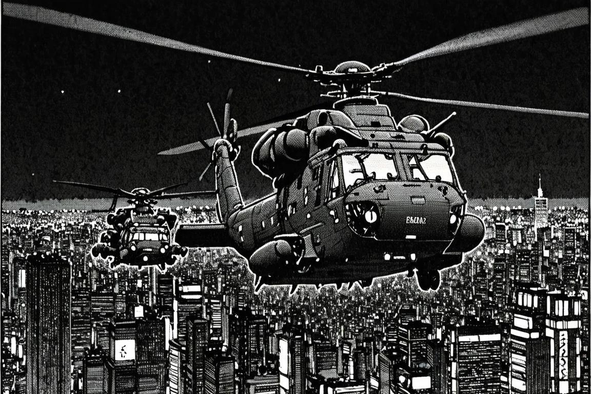 a black and white comic book illustration of a large military helicopter flying over new tokyo at night, style akirabw <lora:Akira_BW_Comic_Style_XL:1>
