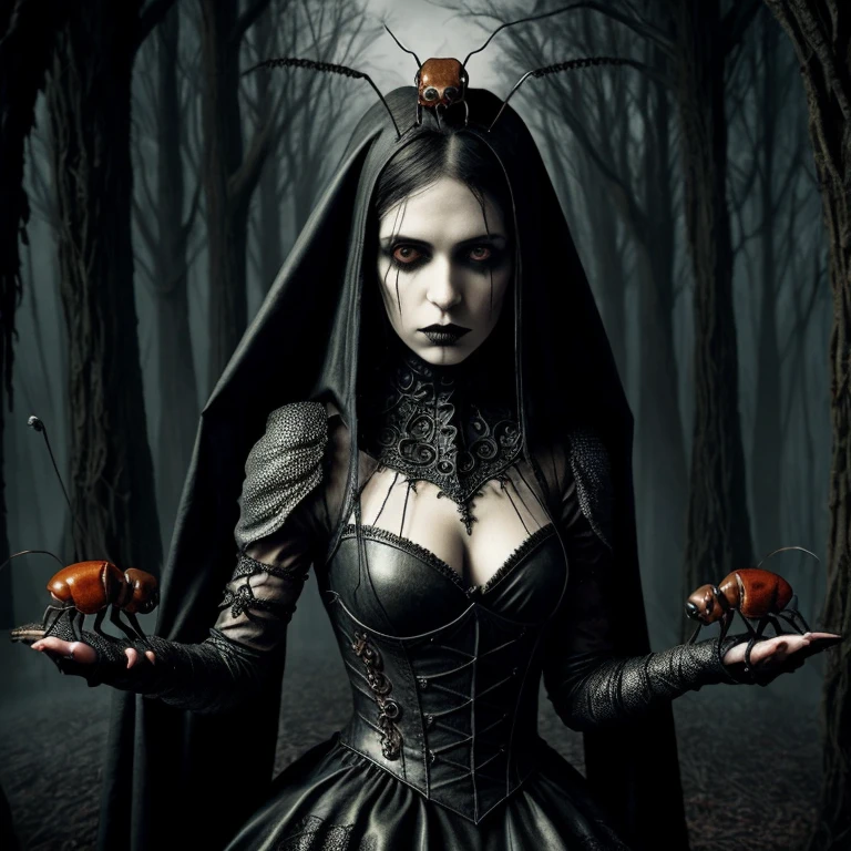 Gothic style a cute female covered with (ants:1.2),realistic detail . Eerie, unsettling, dark, spooky, suspenseful, grim, highly detailed . Dark, mysterious, haunting, dramatic, ornate, detailed