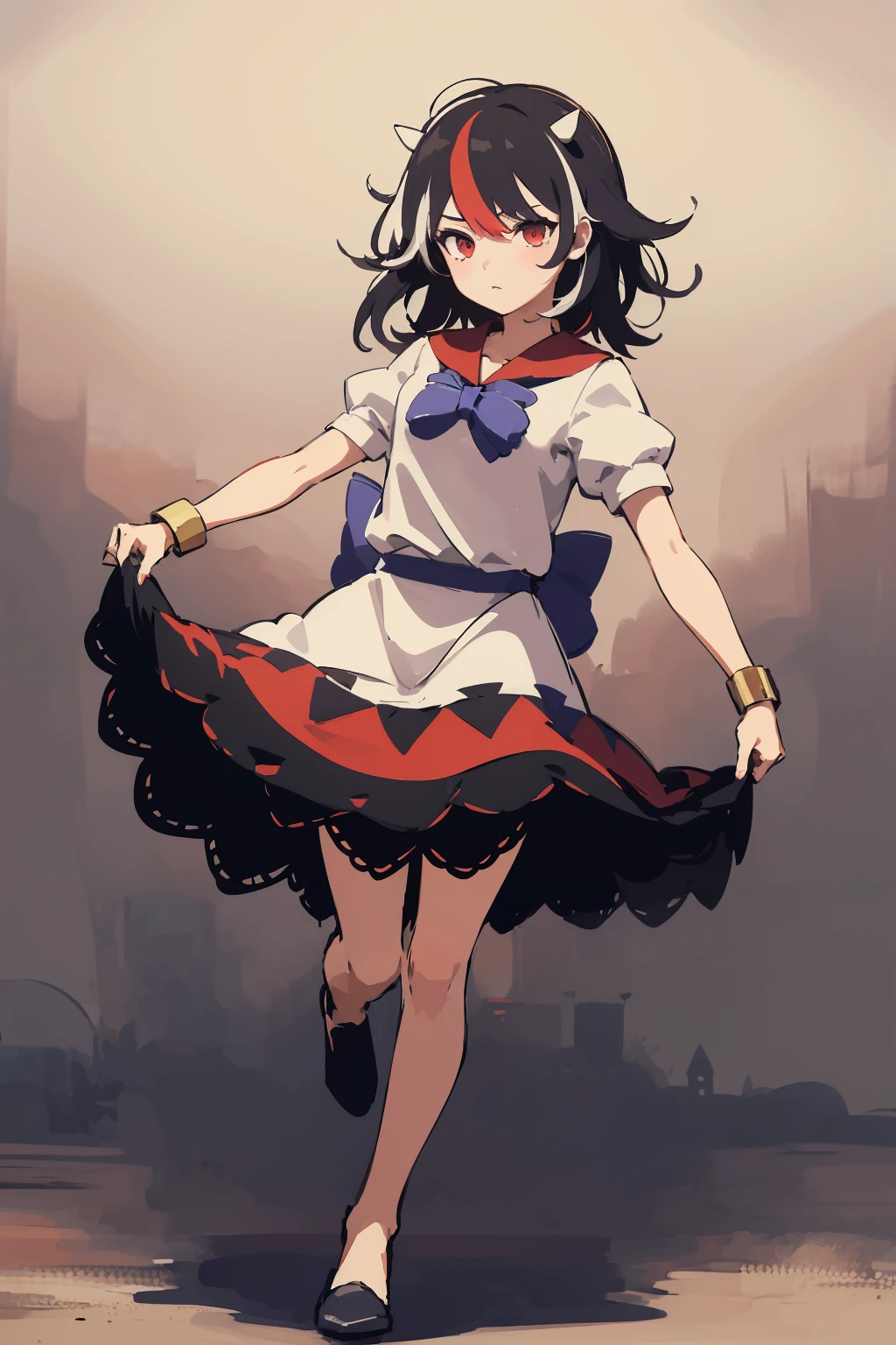 masterpiece,high quality,highres,1girl,solo,<lora:kijin-seija-v2-wasabiya:1>,kseija,horns,streaked hair,short hair,black hair,red eyes,white dress,red neckerchief,blue bowtie,blue bow,blue sash,bracelet,back bow,multicolored skirt,