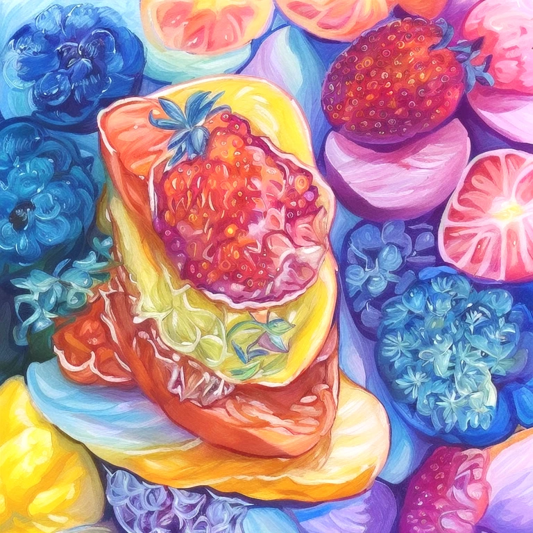 crl_fd6 style, masterpiece, best quality, extremely detailed, detailed background, detailed pastel colors, illustration, watercolor, paint splatter, cake, dessert, fruits, dripping paint